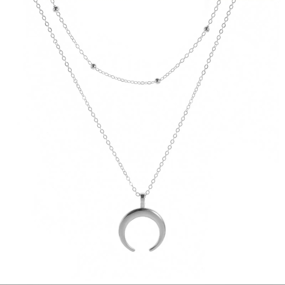 Layered Crescent Moon Necklace Silver Tone - Picture 9 of 10